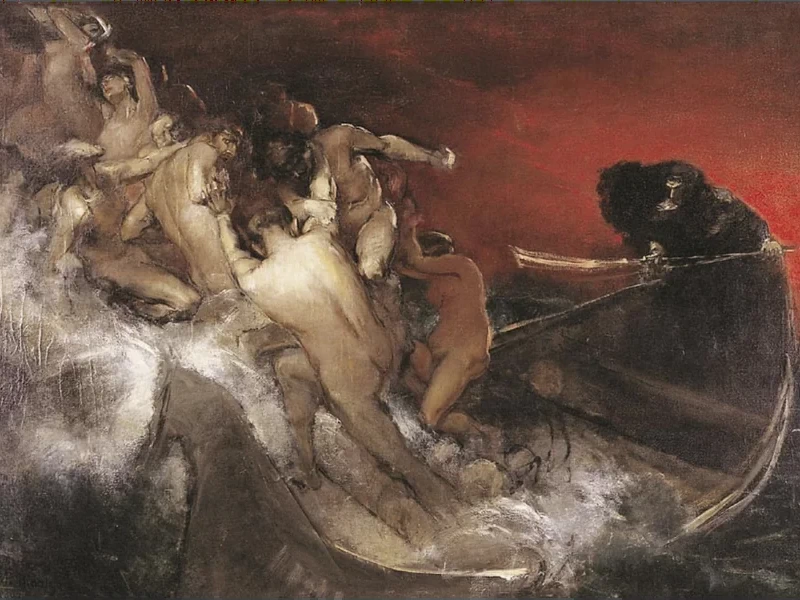 1855-Félix Resurrección Hidalgo y Padilla - La Barca de Aqueronte mostra figure nude che rappresentano le anime dei morti